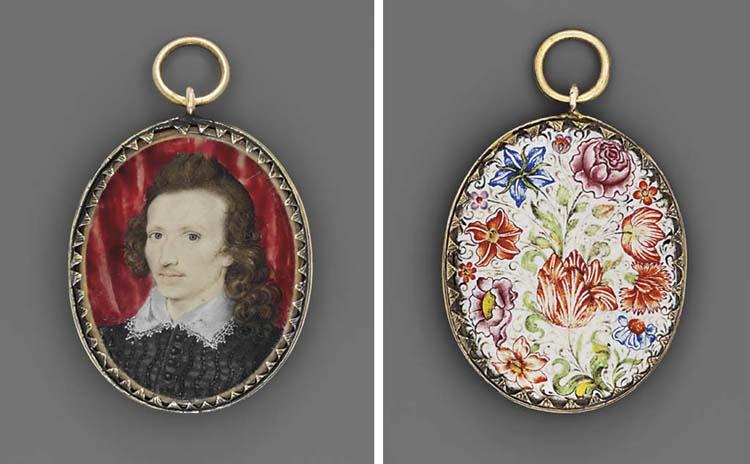 Nicholas Hilliard - A Young Gentleman, In Embroidered Black Doublet With Black Buttons, Lace-Bordered White Lawn Collar, Long Curling Brown Hair Falling Over His Left Shoulder, Slight Moustache: Red Curtain Background Within Gold Border