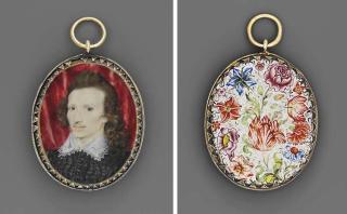 Nicholas Hilliard - A Young Gentleman, In Embroidered Black Doublet With Black Buttons, Lace-Bordered White Lawn Collar, Long Curling Brown Hair Falling Over His Left Shoulder, Slight Moustache: Red Curtain Background Within Gold Border