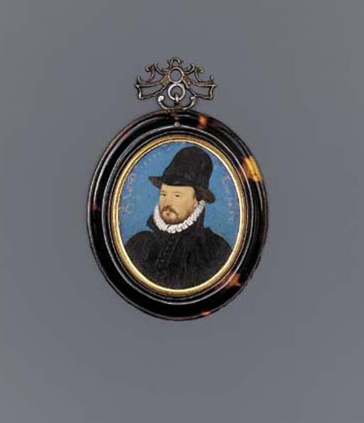 Nicholas Hilliard - An important miniature of a gentleman, facing left in black doublet and cloak with high collar, high standing white ruff, tall black hat, beard and moustache; blue background
