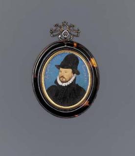 Nicholas Hilliard - An important miniature of a gentleman, facing left in black doublet and cloak with high collar, high standing white ruff, tall black hat, beard and moustache; blue background