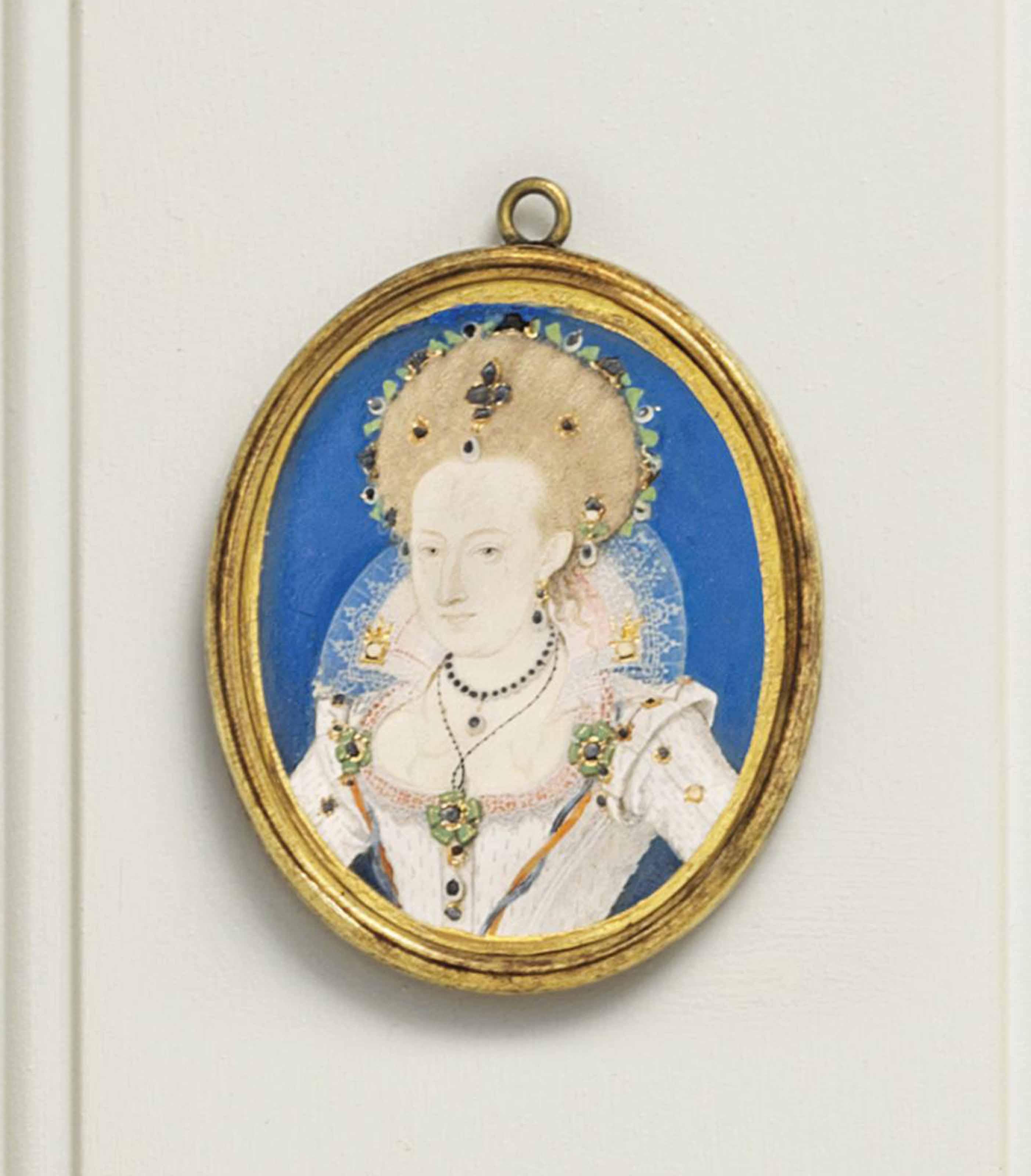 Nicholas Hilliard - Anne Of Denmark (1574-1619), In White Dress With Pink Embroidery, With Jewelled Green Rosettes And White Standing Lace Collar; Her Light Brown Hair Upswept And Adorned With Jewels; Blue Background With Gold Border On Vellum