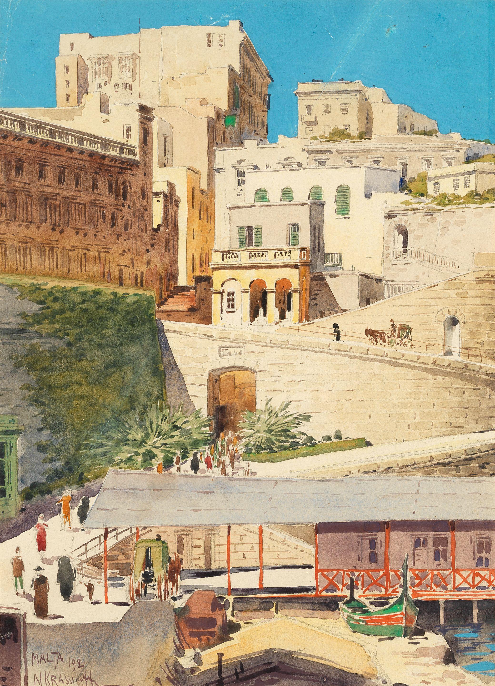 Nicholas Krasnoff - A street scene by Valletta Harbour, Malta