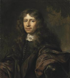 Nicholas Maes - Portrait of a gentleman, half-length, in a brown mantle and black waistcoat, a landscape beyond