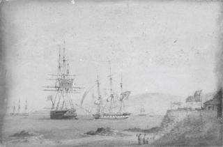 Nicholas Matthew Condy - A British frigate getting under way off a Chilean fortress, a British two-decker and a French frigate anchored nearby