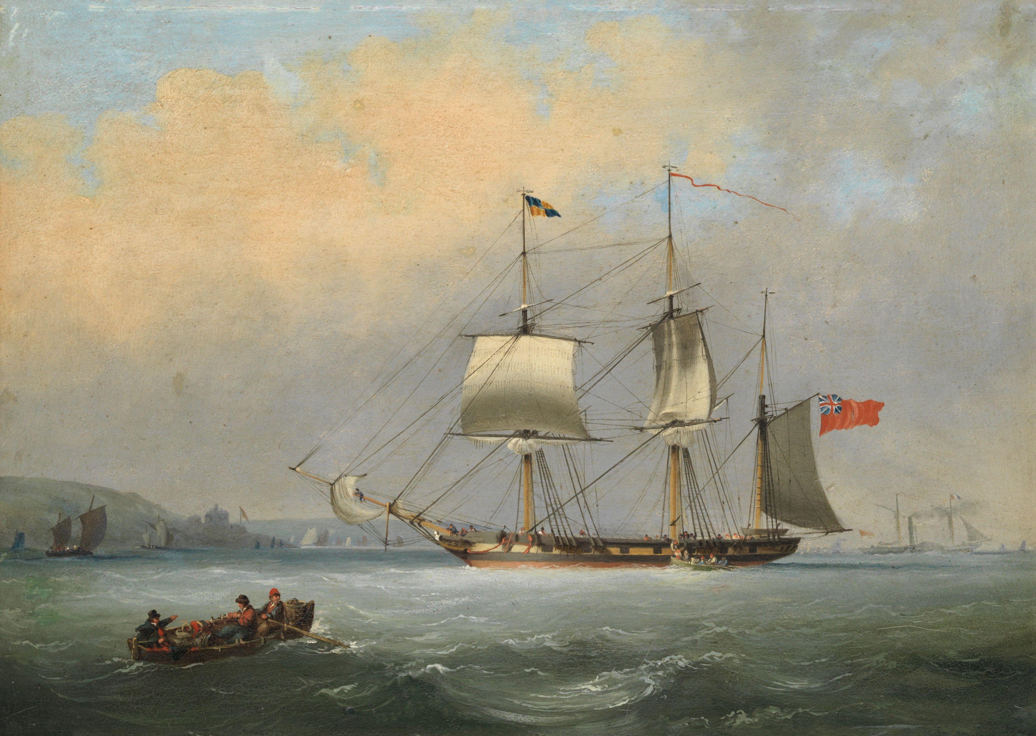 Nicholas Matthew Condy - A smart sloop heaving-to in the Carrick Roads, Falmouth, off St. Mawes\' Castle, with a regatta in progress beyond