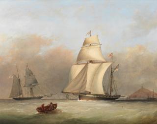Nicholas Matthew Condy - The brigantine Kestrel under way in a stiff breeze, with the Menai off her starboard bow