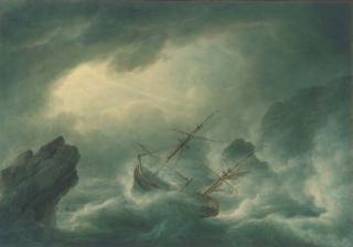 Nicholas Pocock, O.W.S. - A ship in distress riding on its anchor off a rocky headland, with a man overboard
