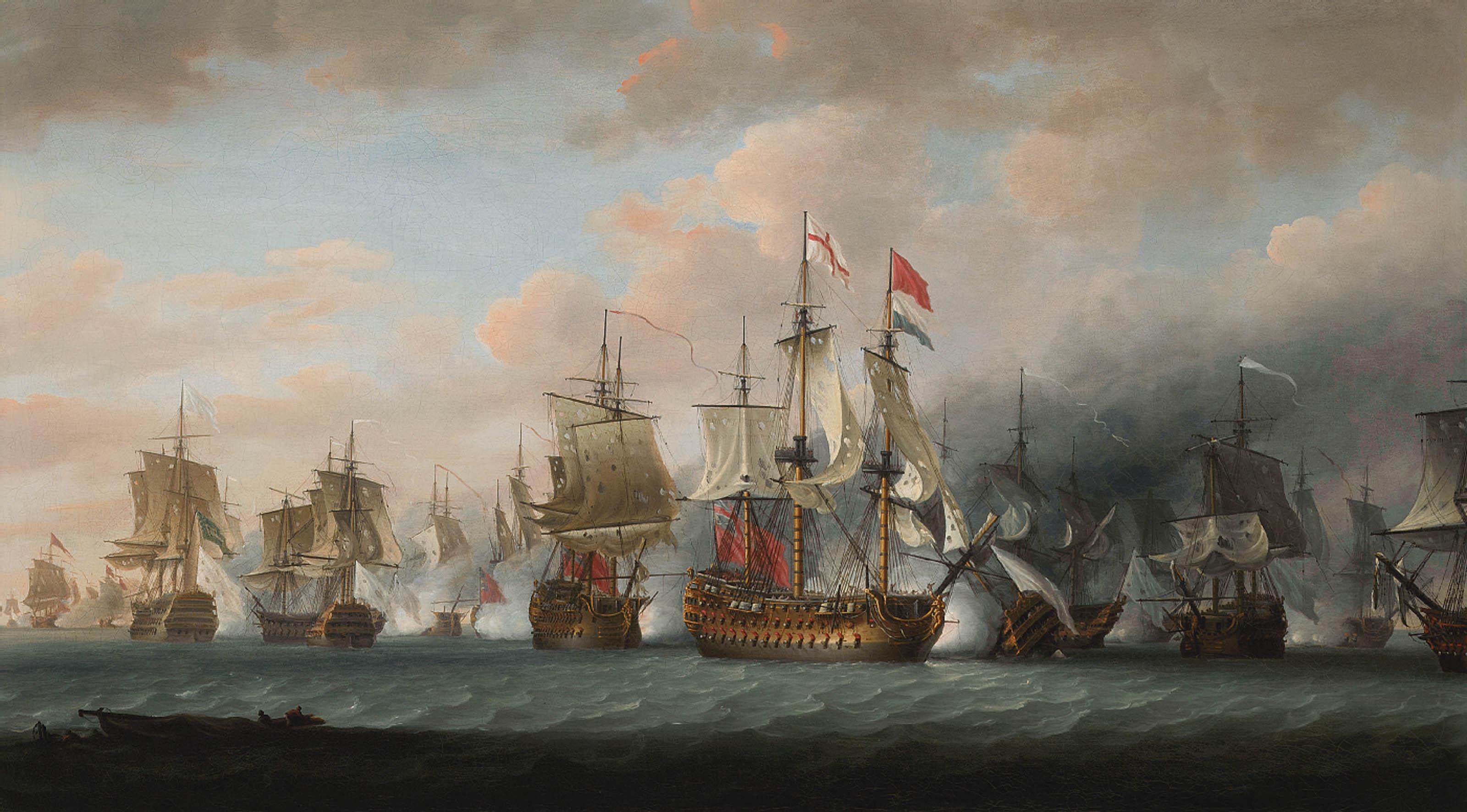 Nicholas Pocock, O.W.S. - Admiral Rodney\'s flagship H.M.S. Formidable, 98-guns, breaking the line, at the beginning of the Battle of the Saintes, 12th April 1782