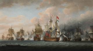 Nicholas Pocock, O.W.S. - Admiral Rodney\'s flagship H.M.S. Formidable, 98-guns, breaking the line, at the beginning of the Battle of the Saintes, 12th April 1782