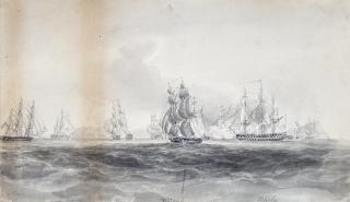 Nicholas Pocock, O.W.S. - Captain Halliday of H.M.S. Repulse saving H.M.S. Philomel from capture by the French off Toulon, 31st August 1810