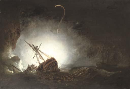 Nicholas Pocock, O.W.S. - Captain T. Byam Martin commanding the boats of H.M.S. Impétueux at the rescue of the crew of H.M.S. Venerable wrecked in Torbay, 24th November 1805