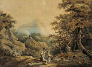 Nicholas Pocock, O.W.S. - Children leading a ram in a wooded landscape; and Figures and goats resting by the wayside in a wooded landscape