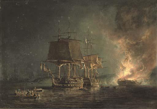 Nicholas Pocock, O.W.S. - The Burning of The Russian 74-Gun Sewolod After She Had Been Engaged And Silenced By H.M.S. Implacable, Captain T. Byam Martin, In The Baltic, 26Th August 1808