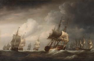 Nicholas Pocock - A fleet of East Indiamen wearing in succession ahead of a gale