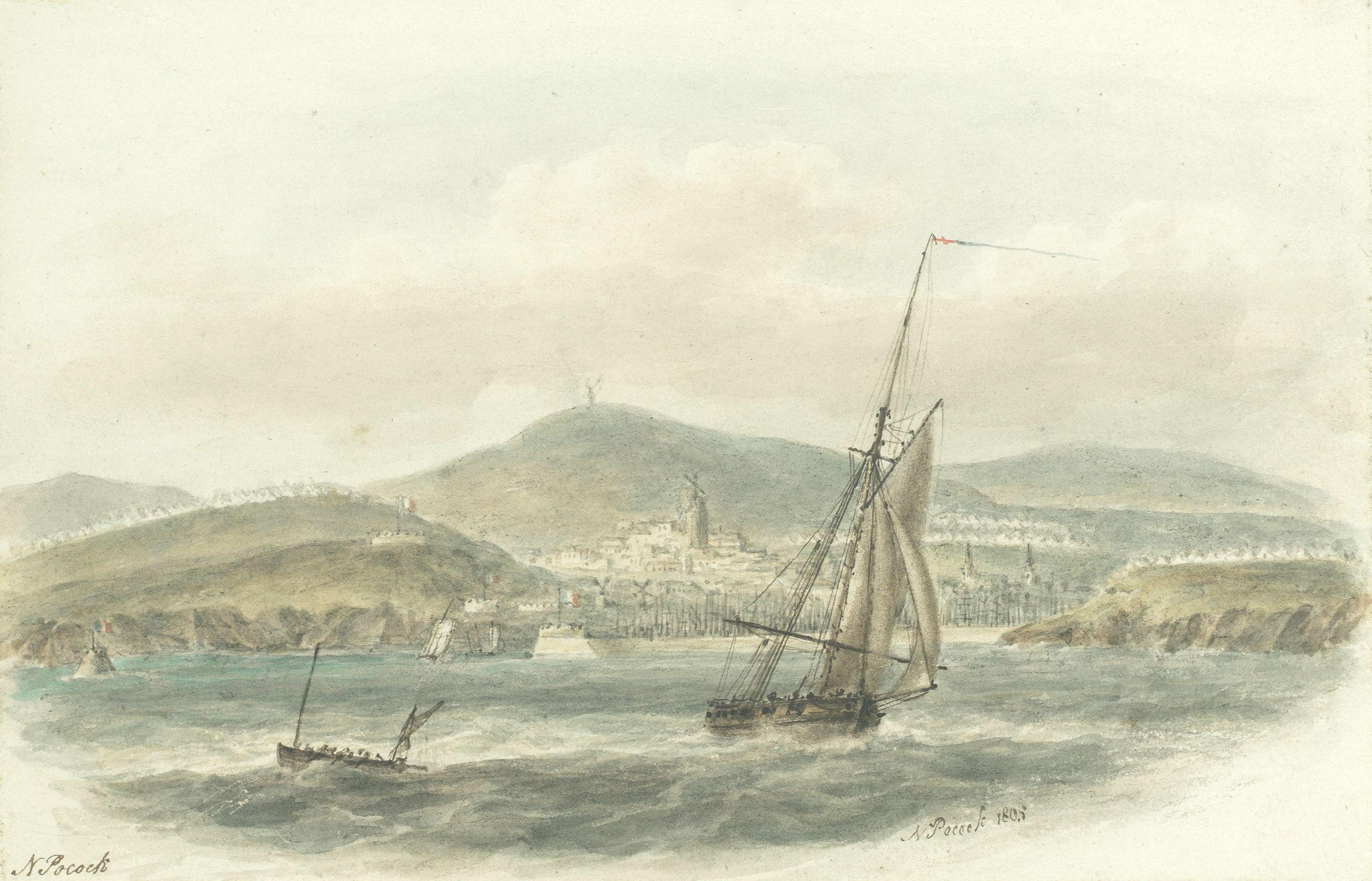 Nicholas Pocock - Boulogne Harbour, Napoleon\'s army to invade England encamped in the hills behind