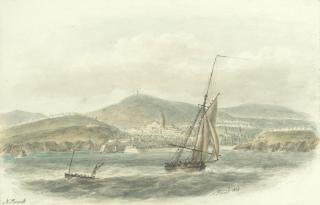 Nicholas Pocock - Boulogne Harbour, Napoleon\'s army to invade England encamped in the hills behind