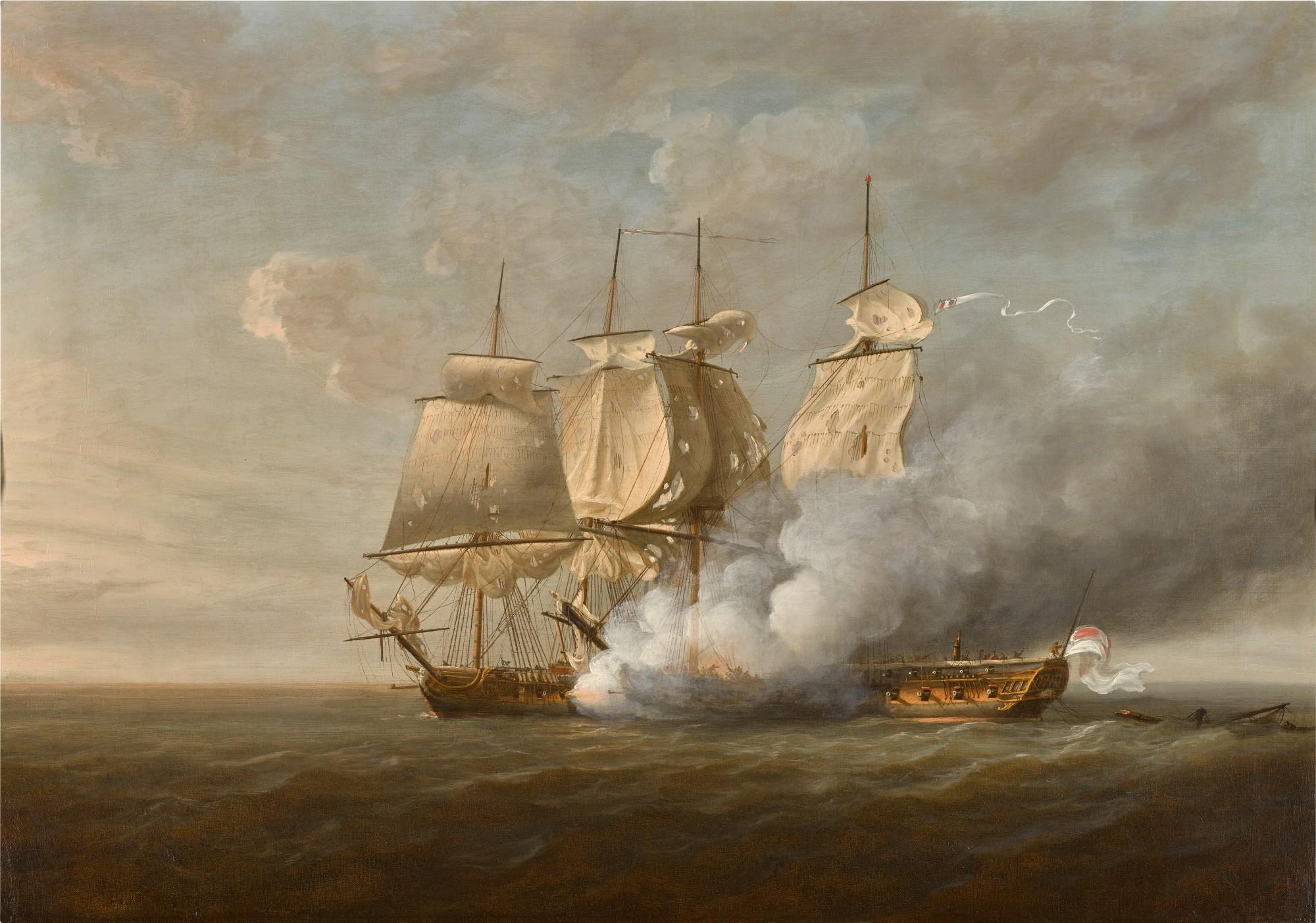 Nicholas Pocock - Engagement between the French frigate Cléopâtre and HMS Nymph, under the command of Captain Edward Pellew, off Start Point, Devon 18 June 1793