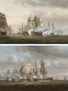 Nicholas Pocock - In action at Trafalgar: H.M.S. Tonnant engaging the Spanish \'74\' Monarca; and H.M.S. Tonnant accepting Monarca\'s surrender