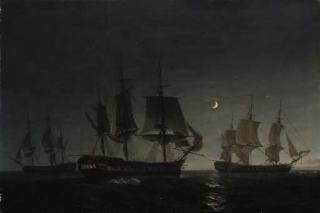 Nicholas Pocock - The East Indiaman, Rockingham, being floated off a shoal in the Red Sea, on the night of 8 June 1801