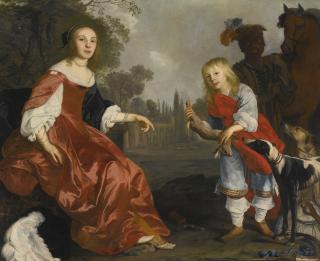 Nicholas Van Helt - Portrait Of Two Children, Full Length, As Hunters In A Garden With Two Hounds And A Servant Leading A Horse