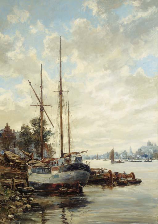 Nico Cevat - Het schip \'Velox\' aangemeerd op het IJ te Amsterdam