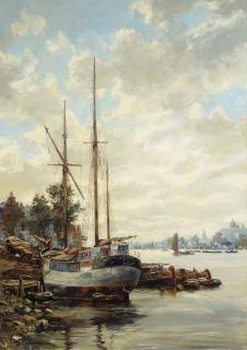 Nico Cevat - Het schip \'Velox\' aangemeerd op het IJ te Amsterdam