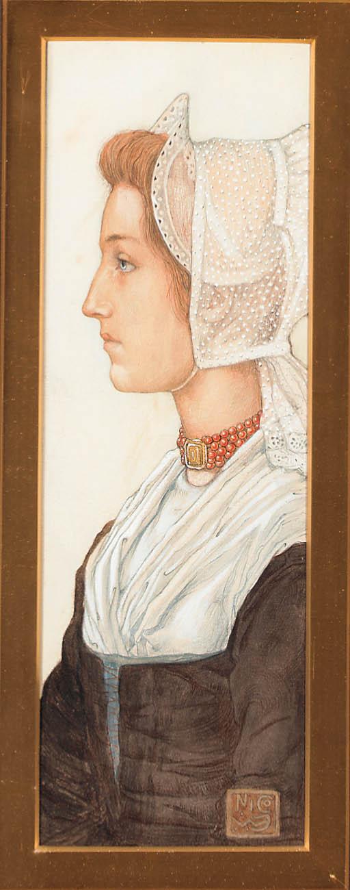 Nico Jungmann - Portrait of a young woman, head and shoulders wearing traditional dress