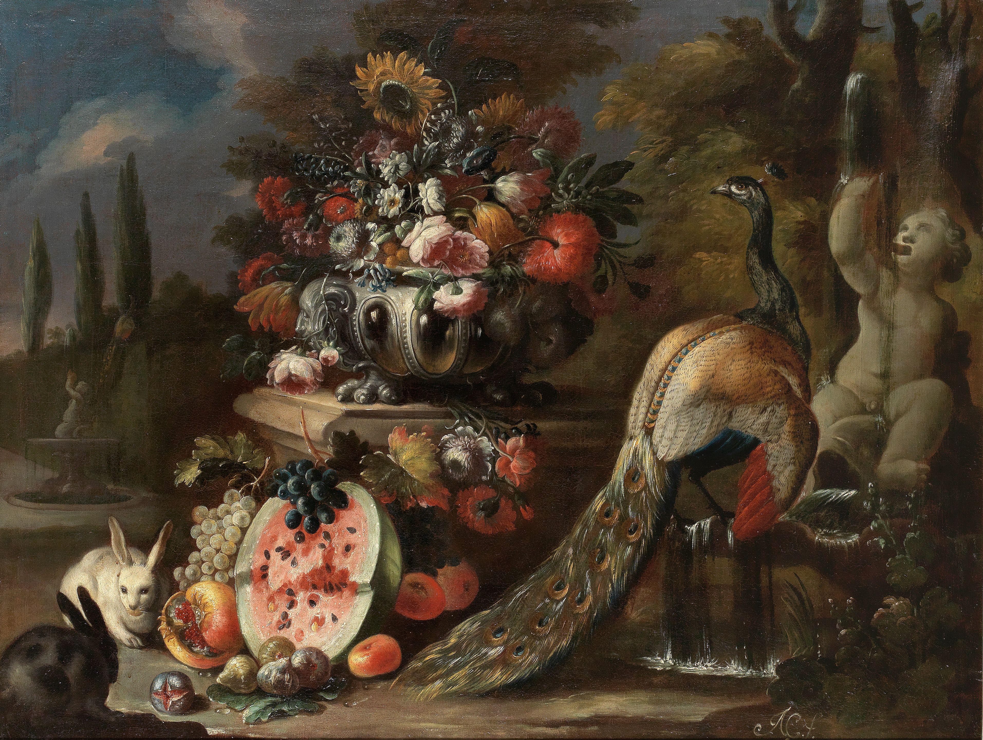 Nicola Casissa - A still life of flowers in a vase on a stone pedestal with fruit, rabbits and a peacock in parkland