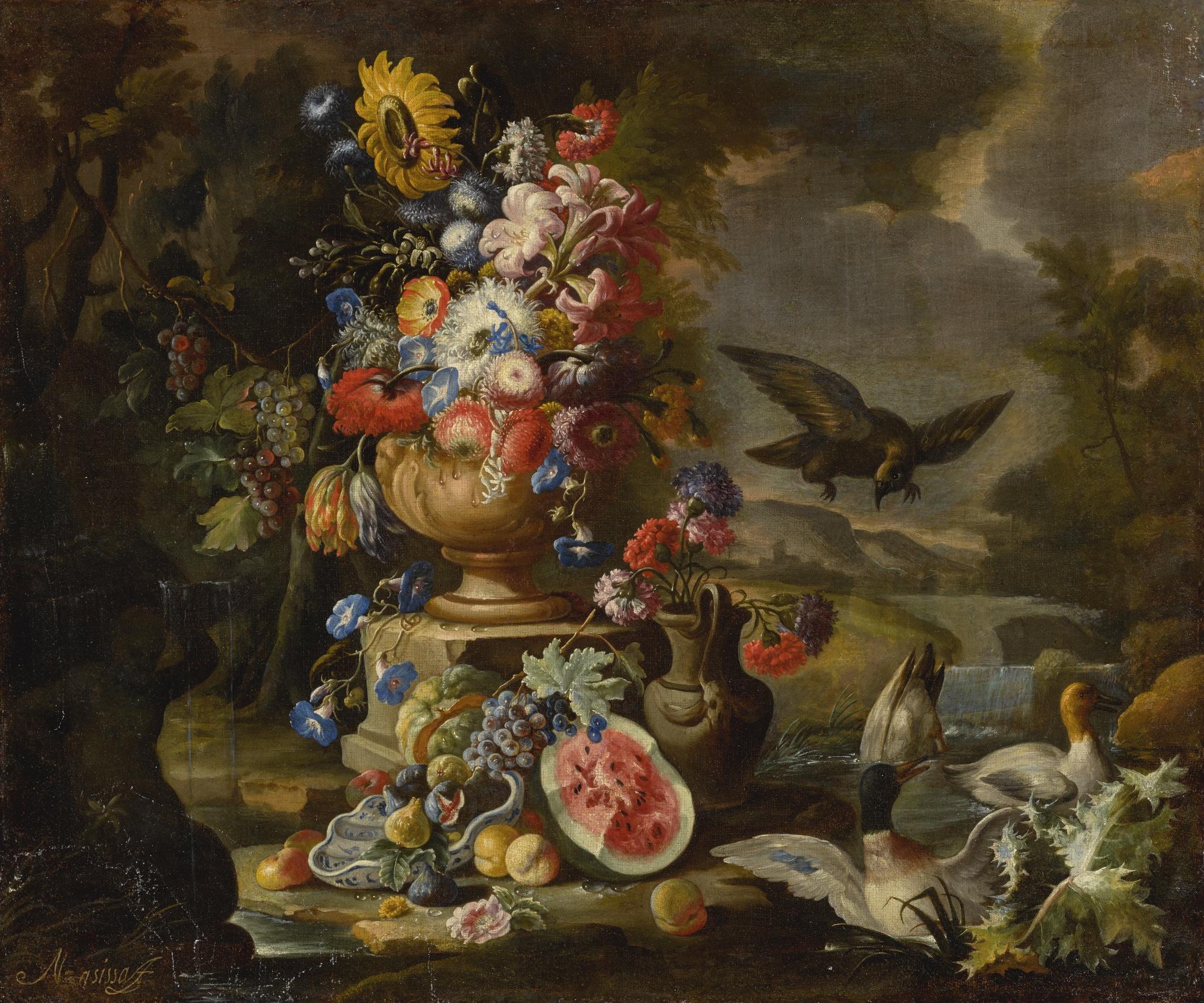 Nicola Casissa - A Still Life With A Vase Of Flower, Birds, A Watermelon, Peaches, Gapes, And Other Fruit In An Outdoor Setting