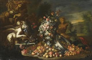 Nicola Casissa - An Elaborate Still Life With A Fountain And Classical Statues, Flowers In A Vase, A Parrot And Various Fruits Spilt From An Upturned Bowl, All In An Elegant Park Setting