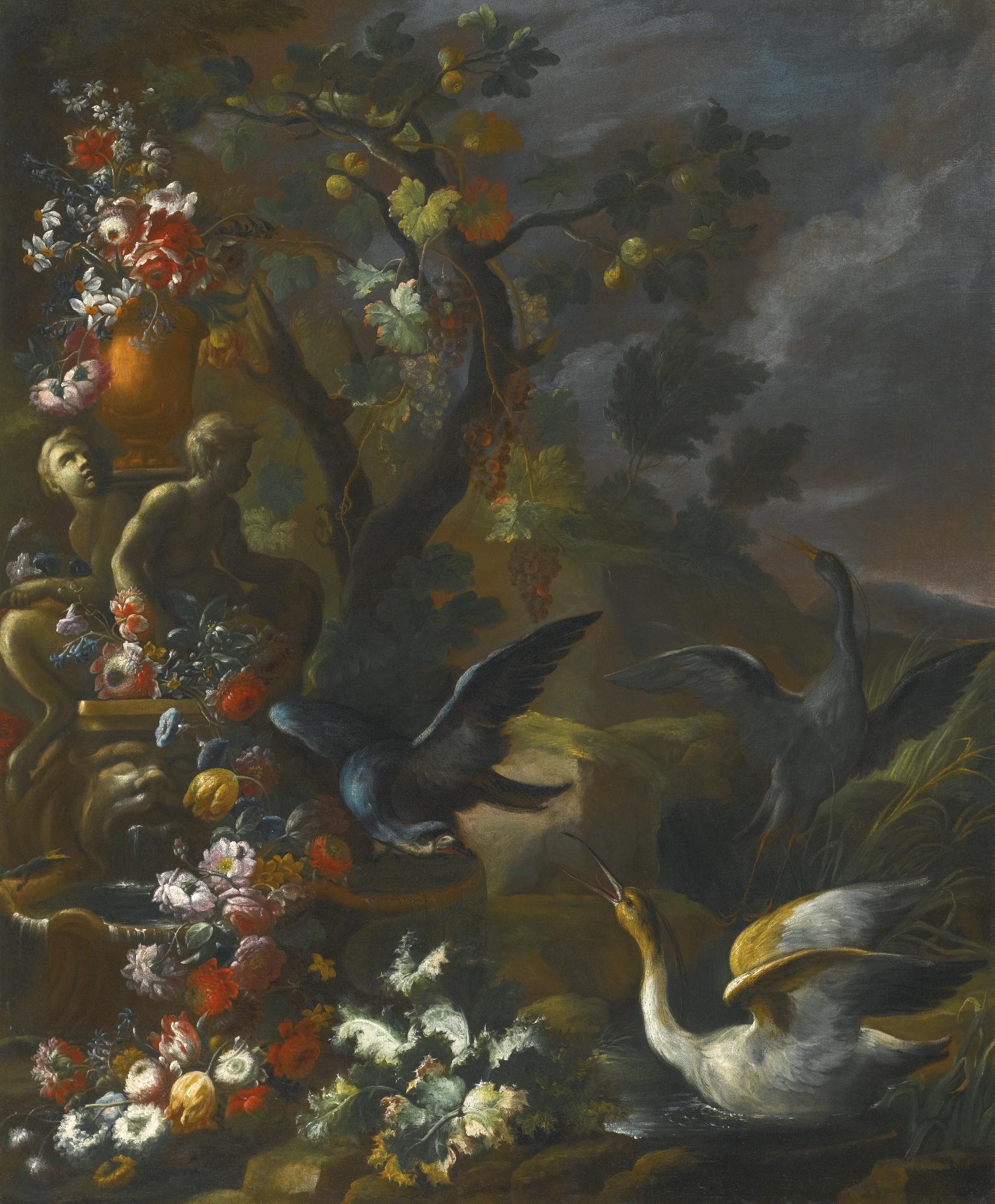 Nicola Casissa - An Outdoor Still Life With Birds Beside An Ornate Sculpted Fountain