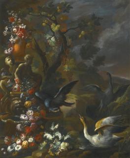Nicola Casissa - An Outdoor Still Life With Birds Beside An Ornate Sculpted Fountain