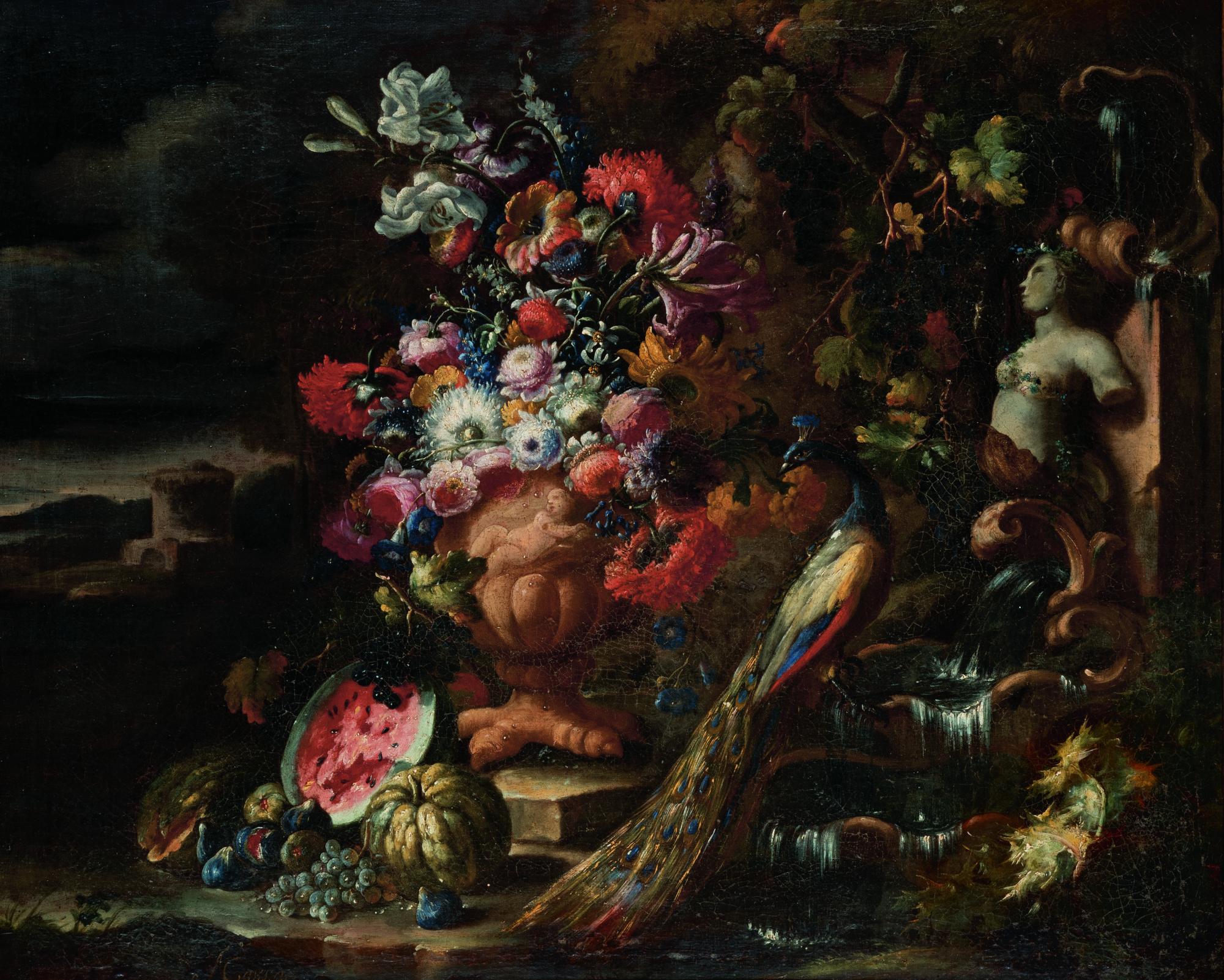 Nicola Casissa - Still Life Of Flowers With A Fountain