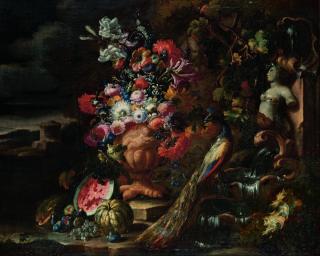 Nicola Casissa - Still Life Of Flowers With A Fountain