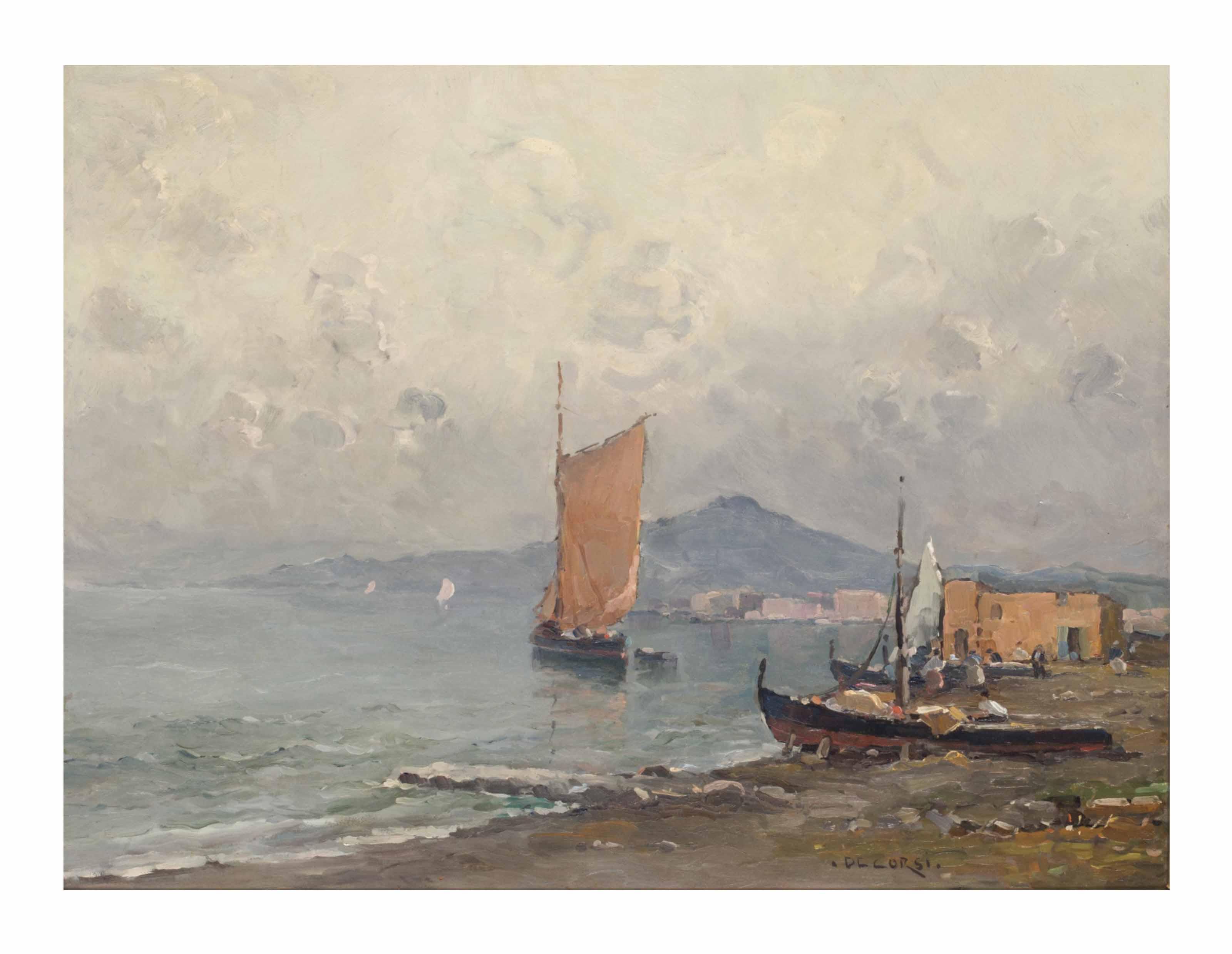 Nicola De Corsi - Sailboats in the Bay of Naples, Vesuvius beyond