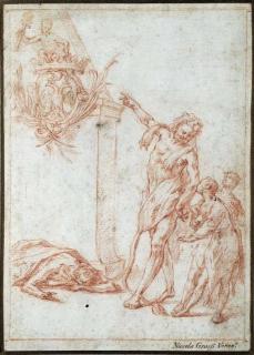 Nicola Grassi - An allegory with Hercules pointing to a monument decorated with a coat- of-arms