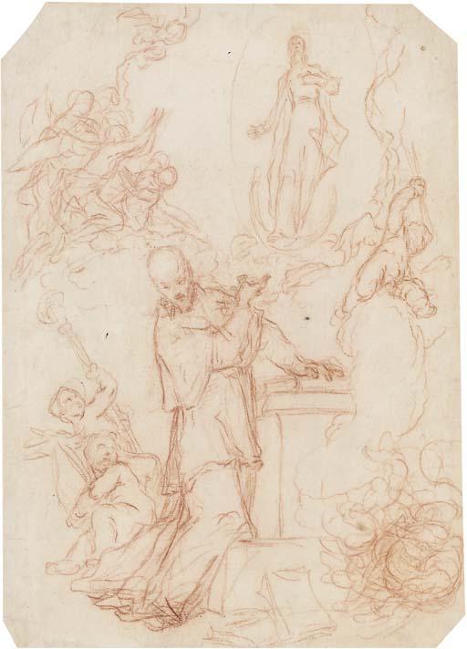 Nicola Grassi - La Vierge de l\'Immaculée Conception apparaissant à un saint appuyé à un autel entouré d\'anges