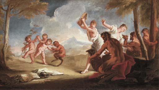 Nicola Grassi - Nymphs, putti and satyrs dancing in a landscape