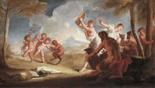 Nicola Grassi - Nymphs, putti and satyrs dancing in a landscape