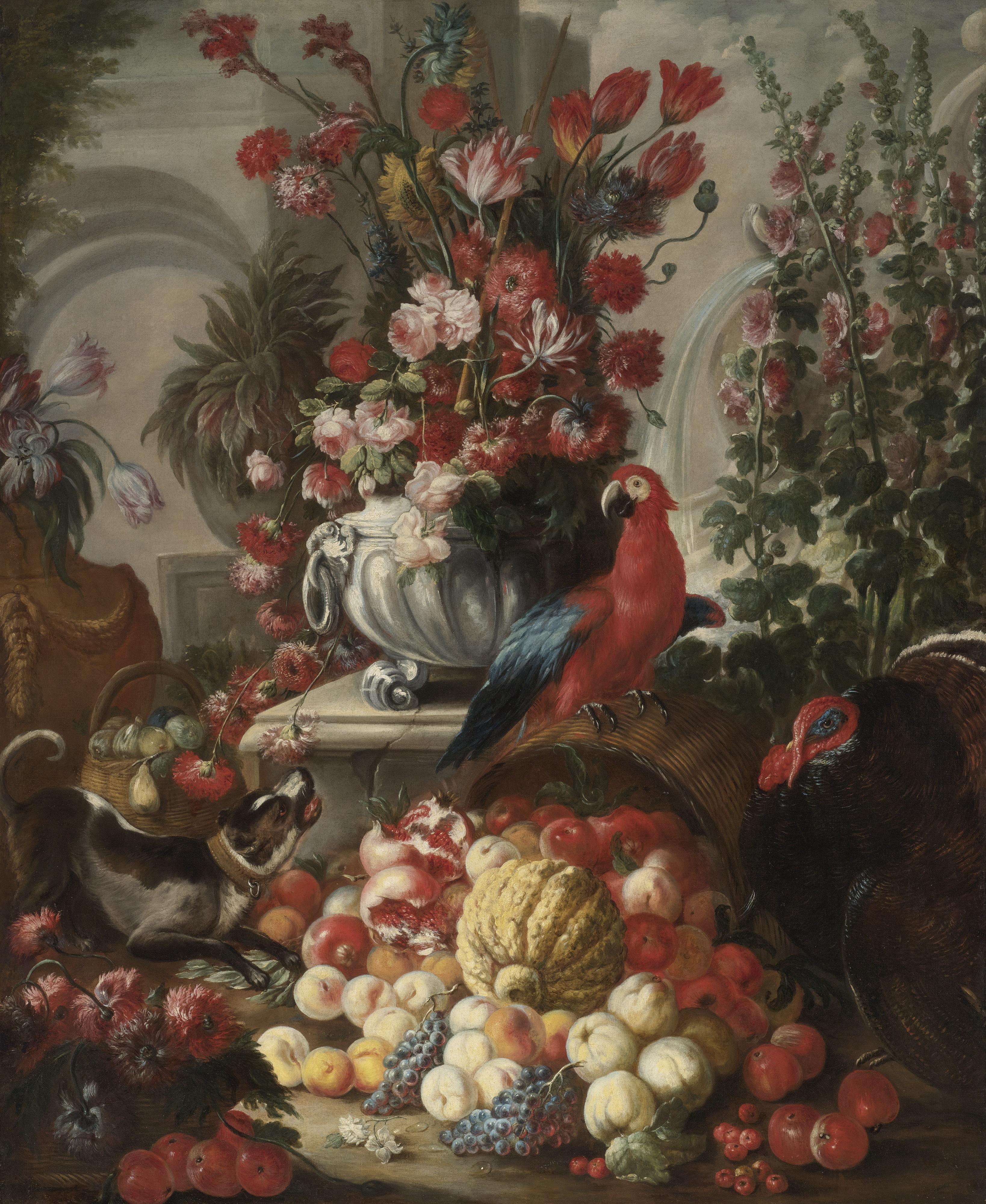 Nicola Malinconico - Still Life Of Fruit And Flowers With A Dog, A Parrot And A Turkey