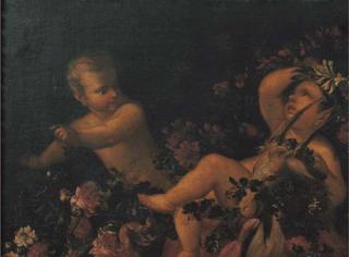 Nicola Vaccaro - Tre piccoli satiri ed  una capra tra ghirlande di fiori