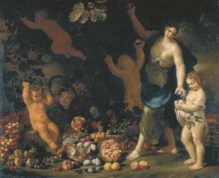 Nicola Vaccaro - Una Fanciulla Raccoglie Frutti In Un Orto, Porgendoli A Una Bimba, Con Due Putti