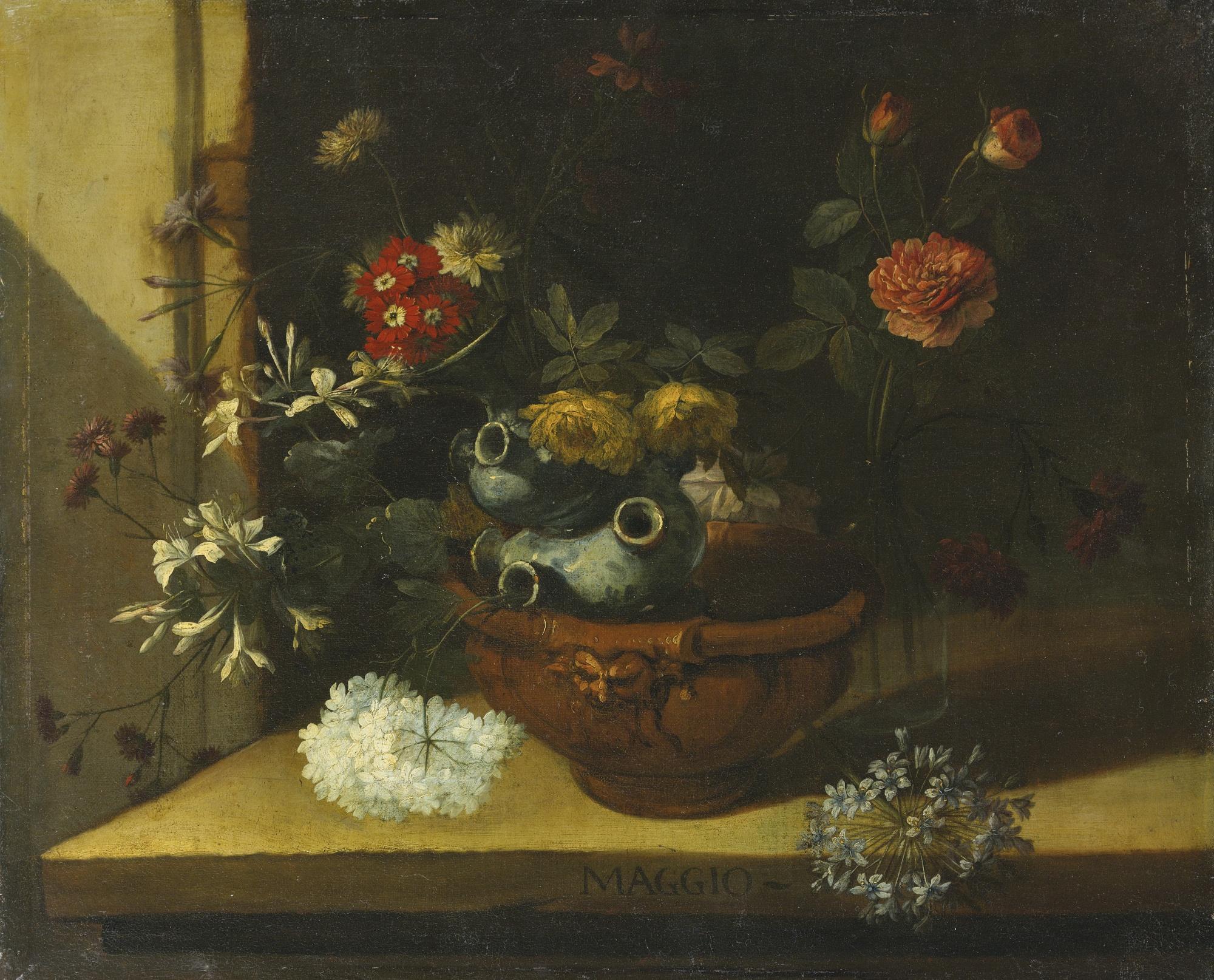 Nicola Van Houbraken - Still Life With Various Flowers And A Ceramic Vase Balanced In A Clay Pot Resting On A Stone Ledge (Probably One Of A Series Of Months)