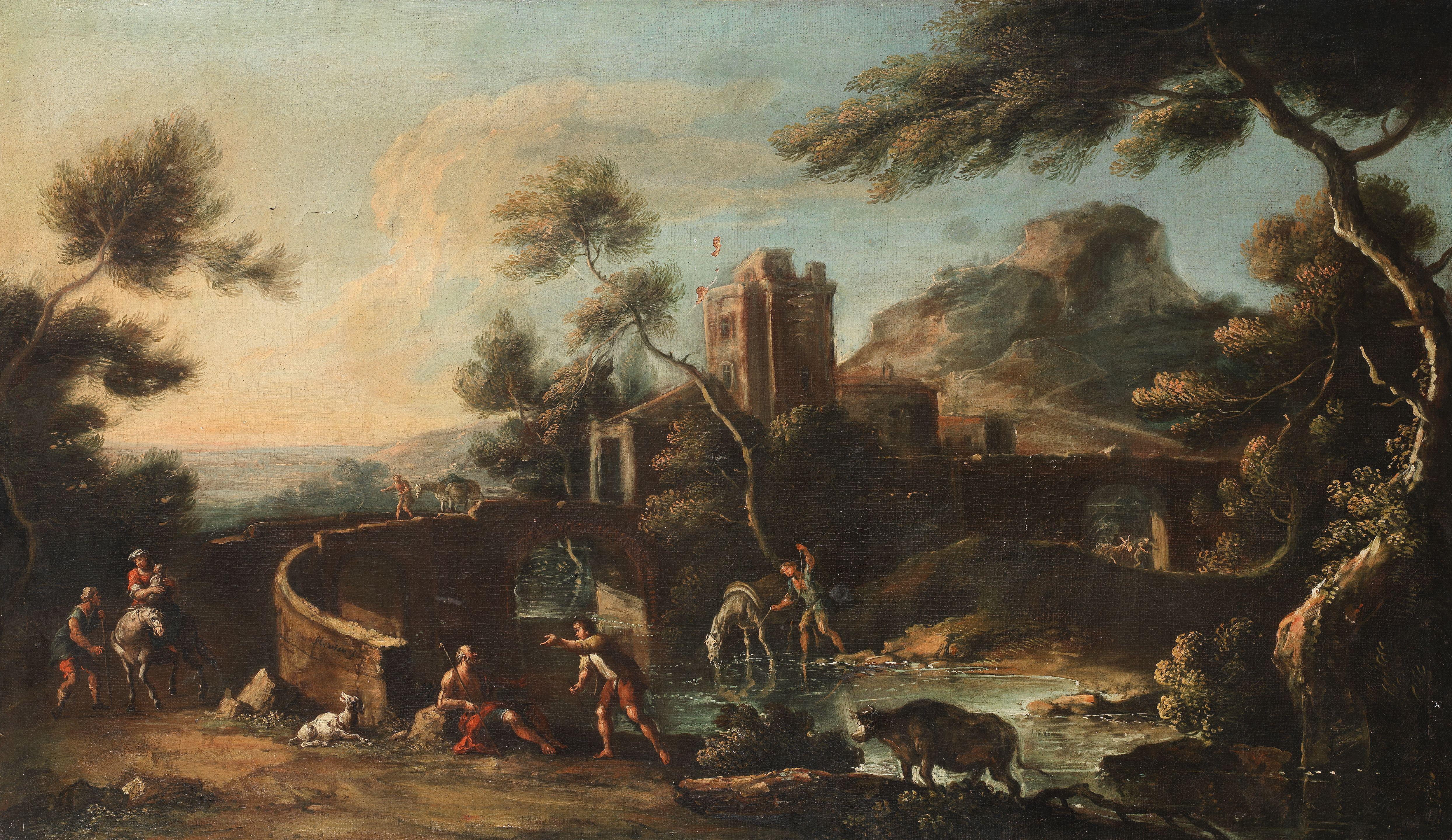 Nicola Viso - A river landscape with drovers watering their cattle and horses, travellers on a bridge beyond