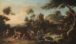 Nicola Viso - A river landscape with drovers watering their cattle and horses, travellers on a bridge beyond