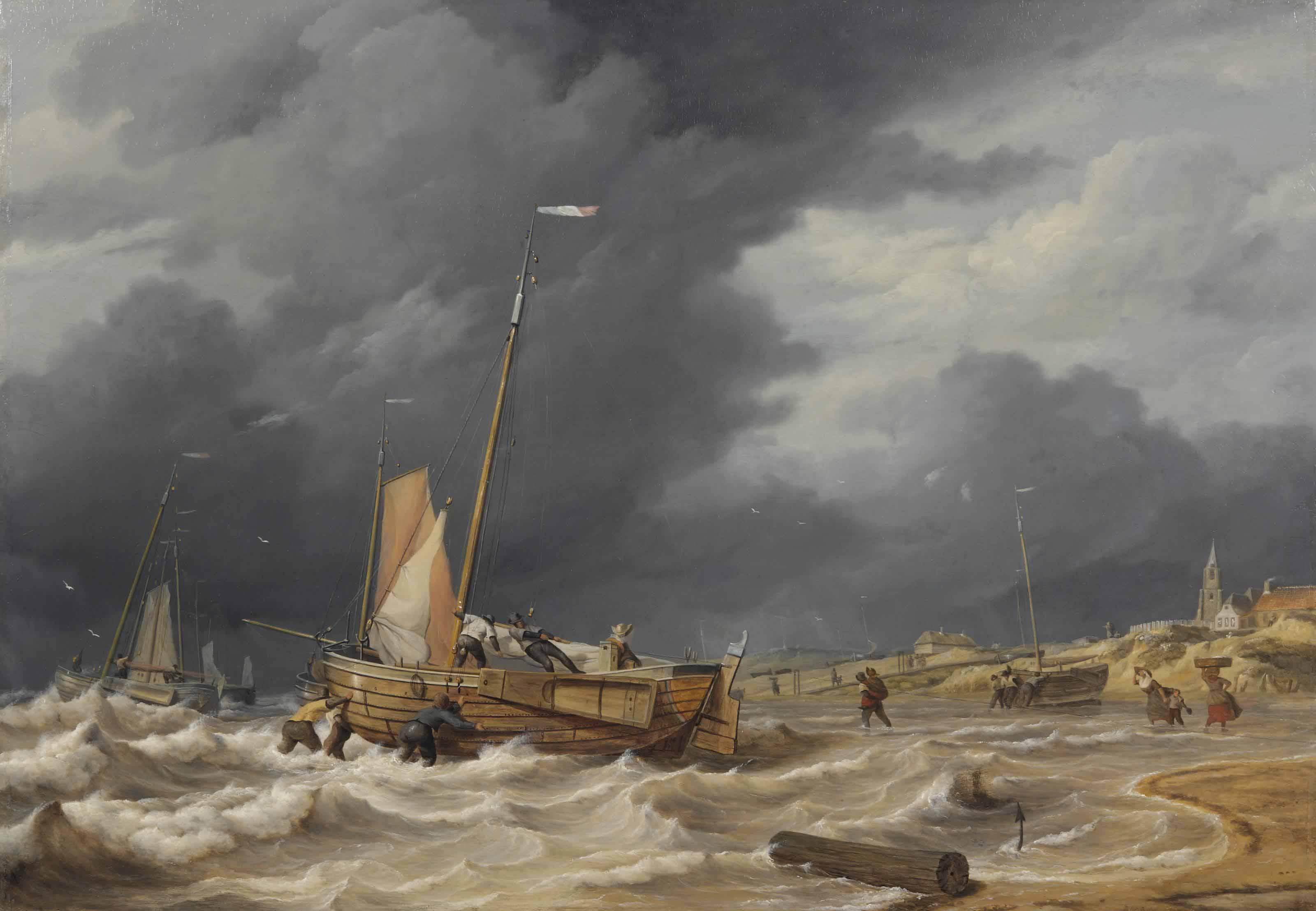 Nicolaas Baur - A Botter Braving A Storm Near Scheveningen
