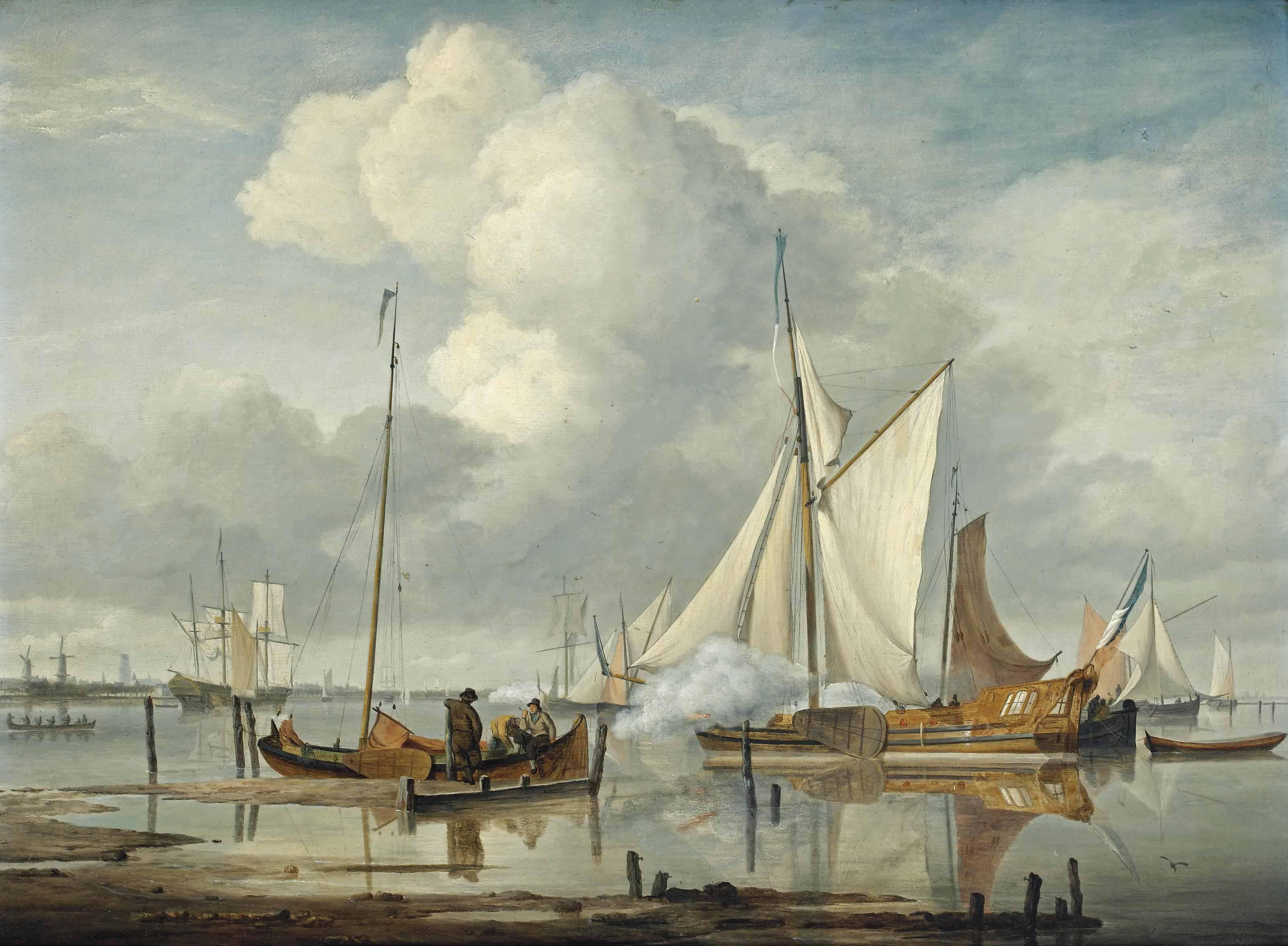 Nicolaas Baur - Ships saluting on the Nieuwe Maas, with Rotterdam in the distance