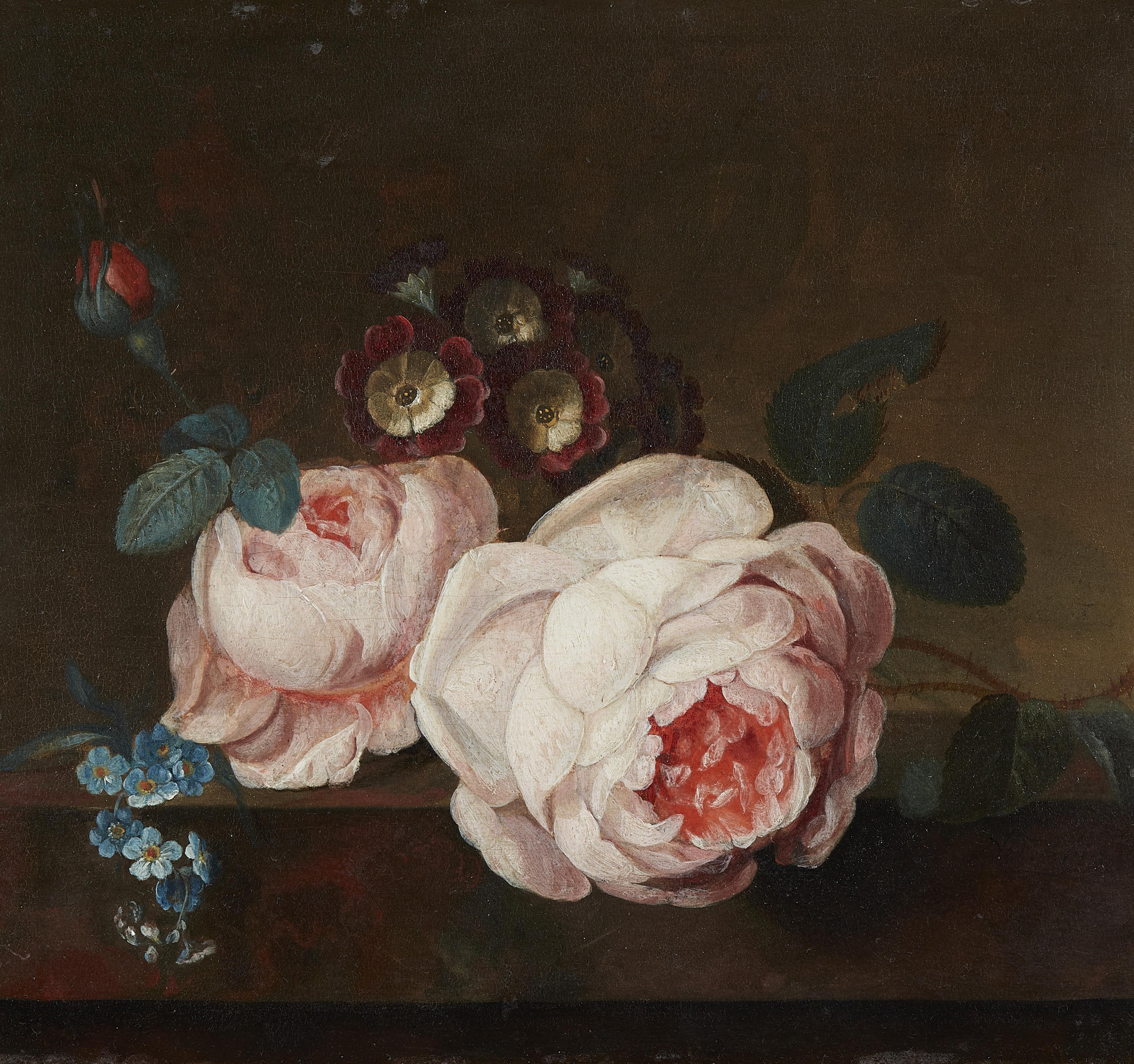 Nicolaas Frederik I. Knip - Stillleben mit Rosen, Primeln und Vergissmeinnicht