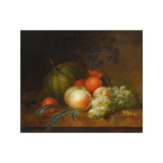 Nicolaas Frederik Knip - A Still Life With Two Peaches, Grapes, Plums And A Mellon, All On A Wooden Ledge