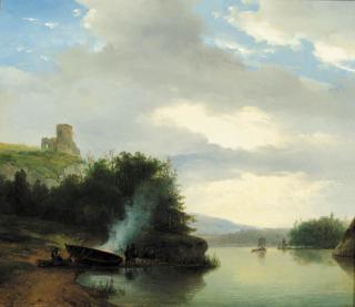 Nicolaas Johannes Roosenboom - A hilly river landscape with figures along the water making a fire